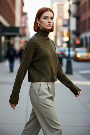 Kadın Oversize Super Crop Balıkçı Yaka Kışlık Triko Kazak Uzun Kollu Rahat Ve Şık Stil Kaliteli