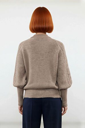 Kadınlara Özel Regular Kesim Saç Örgü Detaylı Triko Kazak Dik Yaka Balon Kol Kışlık Giyim Kaliteli