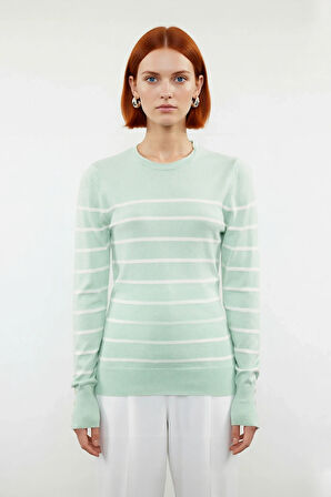 Kadın Şık Bisiklet Yaka Ekru Çizgili İnce Fitted Triko Kazak İlkbahar Sonbahar Günlük Kullanım