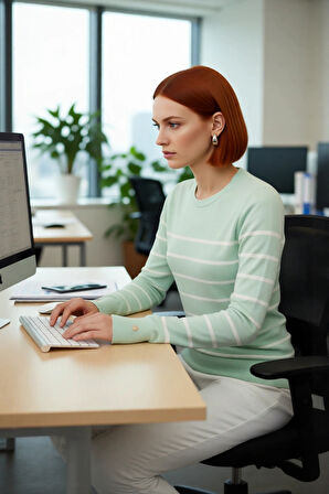 Kadın Şık Bisiklet Yaka Ekru Çizgili İnce Fitted Triko Kazak İlkbahar Sonbahar Günlük Kullanım