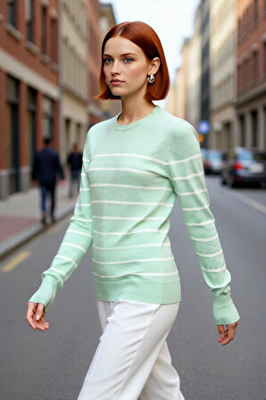 Kadın Şık Bisiklet Yaka Ekru Çizgili İnce Fitted Triko Kazak İlkbahar Sonbahar Günlük Kullanım