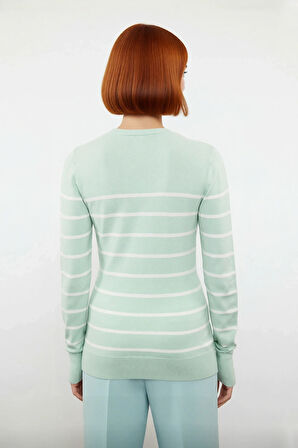 Kadın Şık Bisiklet Yaka Ekru Çizgili İnce Fitted Triko Kazak İlkbahar Sonbahar Günlük Kullanım