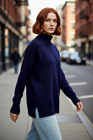 Kadın Basic Oversize Dik Yaka Triko Kazak Düşük Kol Uzun Boy Kışlık Günlük Şıklık Sunar Kaliteli