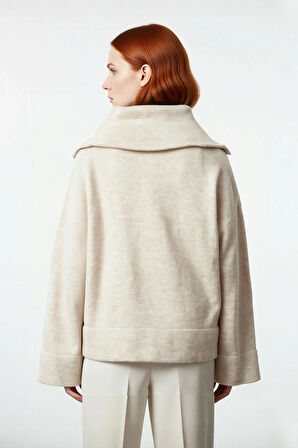 Kadın Oversize Yumuşak Dokulu Triko Kazak Dik Yaka Fermuarlı Düşük Kol Rahat Ramadan Koleksiyonu