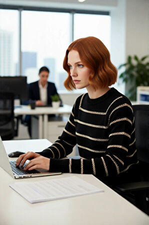 Kadın Lacivert Simli Çizgili Oversize Triko Kazak Modeli Soğuk Kış Günlerine Şıklık Katın Kaliteli