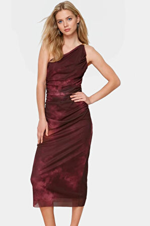 Tek Omuzlu Bodycon Midi Elbise Örme Tül Şık Tasarım Seçkin Malzeme Profesyonel Görünüm