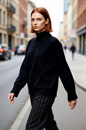 Kadın Oversize Dik Yaka Düz Triko Kazak Uzun Boylu ve Düşük Kollu Kışlık Rahat Günlük Giyim