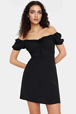 A Line Mini Elbise Krep Kumaş Balon Kollu Rahat Kalıp Şık Görünüm Kaliteli İşçilik