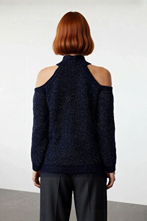 Kadın Sim Detaylı Dik Yaka Regular Kalıp Reglan Kol Triko Omuz Kesimli Soğuk Hava Kazağı Kaliteli