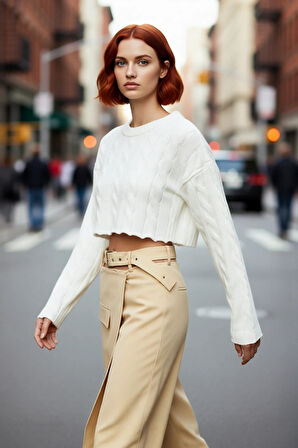 Kadınlara Özel Ekru Regular Kesim Süper Crop Saç Örgü Bisiklet Yaka Uzun Kol Akrilik Triko Kazak