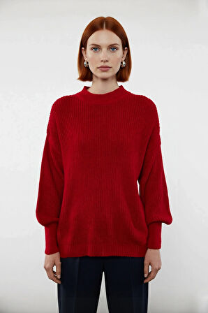 Kadın Oversize Basic Uzun Balon Kol Selanik Dokuma Triko Kazak 100% Akrilik Soğuk Havalar Kaliteli