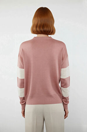 Kadın Düşük Kol Bisiklet Yaka Triko Kazak Renk Bloklu Tasarımıyla Kış Kombinleri İçin Kaliteli