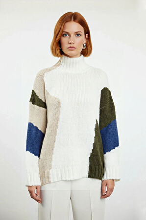 Kadın Şık Dik Yaka Oversize Renk Bloklu Düşük Kol Uzun Triko Kazak Kış Modasına Yeni Bir Soluk