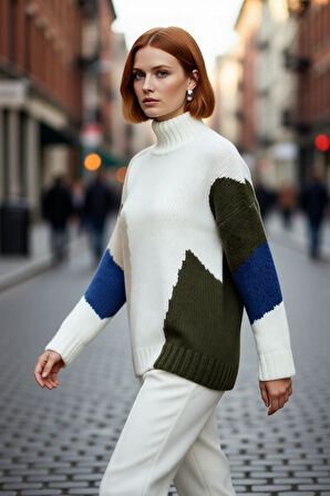 Kadın Şık Dik Yaka Oversize Renk Bloklu Düşük Kol Uzun Triko Kazak Kış Modasına Yeni Bir Soluk