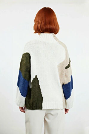 Kadın Şık Dik Yaka Oversize Renk Bloklu Düşük Kol Uzun Triko Kazak Kış Modasına Yeni Bir Soluk