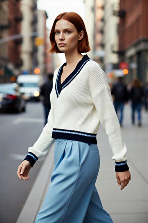 Kadın Kolej Temalı V Yaka Akrilik Oversize Triko Kazak Rahat Düşük Kol Crop Kış Stili. Kaliteli