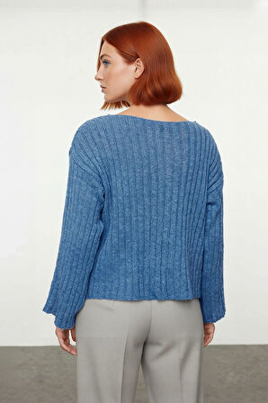 Kadın V Yaka Geniş Kalıp Yünlü Triko Kazak Uzun Kollu Fitilli Düz Basic Günlük Kombinlerin