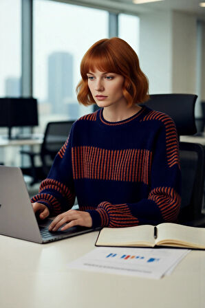 Kadın Rahat Kalıp Düşük Kol Bisiklet Yaka Renk Bloklu Akrilik Triko Kazak Günlük Kullanım Şıklığı.