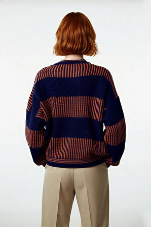 Kadın Rahat Kalıp Düşük Kol Bisiklet Yaka Renk Bloklu Akrilik Triko Kazak Günlük Kullanım Şıklığı.