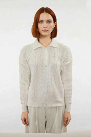 Kadın Oversize Triko Polo Yaka Saç Örgü Düşük Kollu Rahat Kışlık Basic Stil Kazak Kaliteli