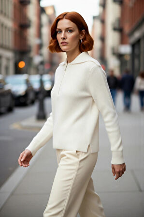 Kadın Kış Sezonu Regular Kesim Fermuarlı Triko Polo Yaka Kazak Rahat Ve Şık Görünüm Kaliteli