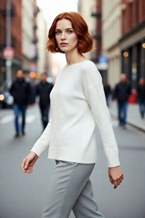 Kadın Basic Kayık Yaka Oversize Triko Kazak Rahat Ve Şık İlkbahar Sonbahar Günlerine Özel Kaliteli