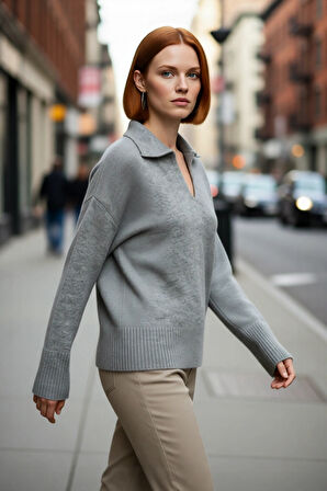 Kadınlar İçin Kışlık Oversize Basic Triko Kazak Polo Yaka Düşük Kol Yumuşak Dokusuyla Konfor Sunar