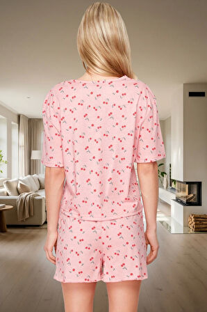 Kiraz Desenli Pamuk Polyester Pijama Takımı Yazlık Rahat Nefes Alabilir Zarifane Tasarım