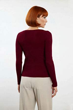 Kadın Asimetrik Yaka Fitted Kalıp Uzun Kollu Triko Kazak Fitilli Dokuma Basic Kış Stili Kaliteli