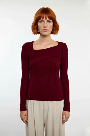 Kadın Asimetrik Yaka Fitted Kalıp Uzun Kollu Triko Kazak Fitilli Dokuma Basic Kış Stili Kaliteli