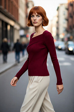 Kadın Asimetrik Yaka Fitted Kalıp Uzun Kollu Triko Kazak Fitilli Dokuma Basic Kış Stili Kaliteli