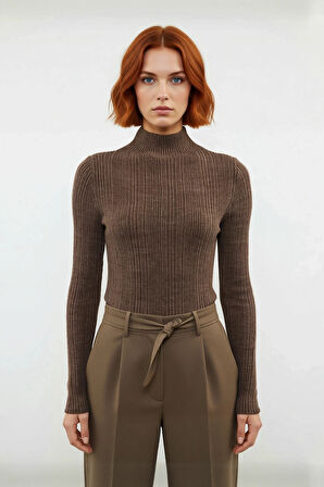 Kadın Fitted Dik Yaka Fitilli Uzun Kollu Triko Kazak Günlük Basic Siluet Kış Sonbahar Konforu