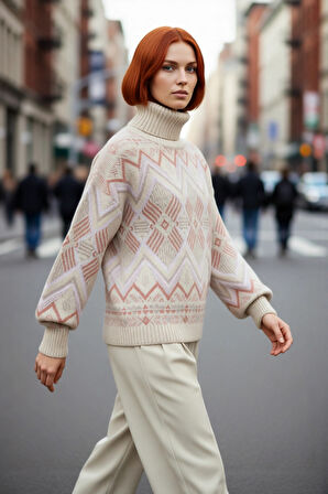 Kadın Soğuk Havaların Vazgeçilmezi Oversize Balıkçı Yaka Etnik Desenli Triko Kazak Şıklığı