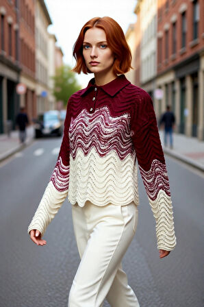 Kadın Renk Bloklu Polo Yaka Uzun Kollu Triko Kazak Basic Crop Kesim Kış Sezonu Konforu Kaliteli