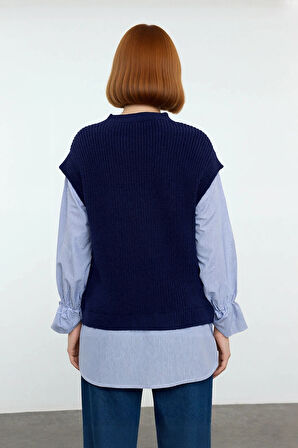 Kadın Kışlık Regular Kalıp Gömlek Garnili Bisiklet Yaka Triko Süveter Rahat ve Şık Günlük Stile