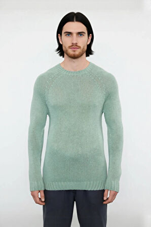 Erkek Mavi Fitted Akrilik Bisiklet Yaka Reglan Kol Basic Triko Kazak Günlük Şıklık Konforu