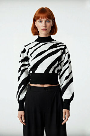 Kadınlara Özel Pembe Zebra Desenli Dik Yaka Uzun Kollu Crop Triko Kazak Kış Şıklığı İçin Kaliteli