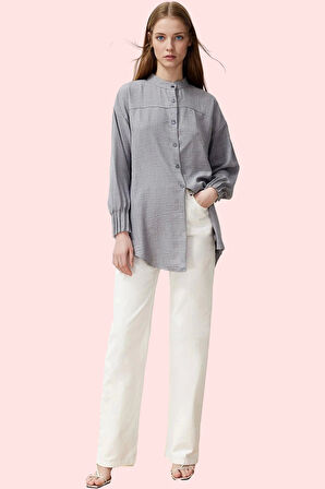 Kadın Uzun Kollu Dokuma Gömlek Rahat Kesim Hakim Yaka Ramadan Koleksiyonu Günlük Kombinler