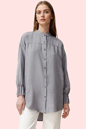 Kadın Uzun Kollu Dokuma Gömlek Rahat Kesim Hakim Yaka Ramadan Koleksiyonu Günlük Kombinler