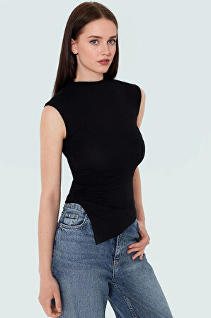 Dik Yaka Fitted Örme Bluz Regular Boy Asimetrik Kesim Mükemmel Uyum Özel Tasarım