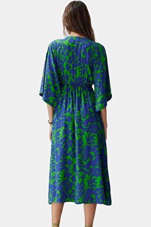 A Kesim Midi Elbise Etnik Desenli Viskoz Dokuma Truvakar Kollu Yazlık Zarifane Tasarım