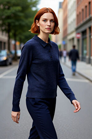 Şık Kadın Polo Yaka Yünlü Triko Kazak Regular Kalıbı İle Gün Boyu Konfor Sunar Kaliteli