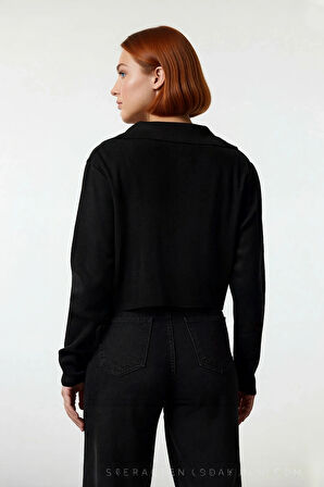 Kadın Basic Düz Crop Triko Kazak Polo Yaka Uzun Kollu Regular Kalıp İlkbahar Sonbahar Kaliteli