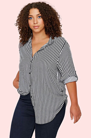 Kadın Uzun Kollu Çizgili Gömlek; Rahat Kalıp Dokuma Kumaş Günlük ve İş Hayatı İçin Hafta Sonu
