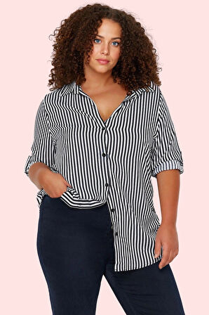 Kadın Uzun Kollu Çizgili Gömlek; Rahat Kalıp Dokuma Kumaş Günlük ve İş Hayatı İçin Hafta Sonu