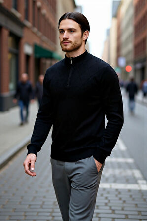 Modern Erkek Regular Kalıp Pamuklu Triko Yarım Balıkçı Fermuarlı Baklava Desenli Kazak Stili