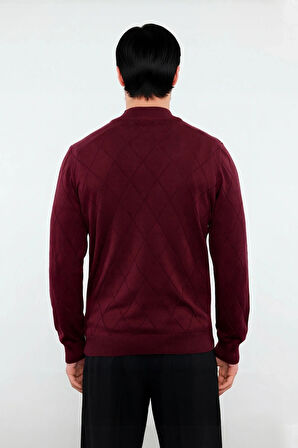 Modern Erkek Regular Kalıp Pamuklu Triko Yarım Balıkçı Fermuarlı Baklava Desenli Kazak Stili