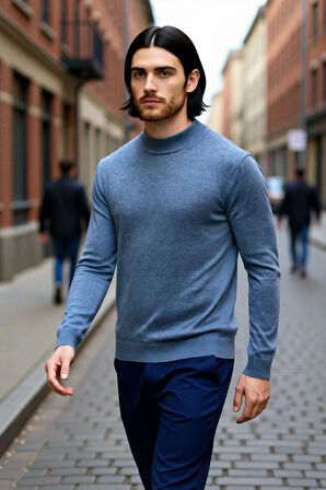 Modern Erkek Triko Kazak Fitted Kesim Dik Yaka Uzun Kollu Rahat Pamuklu Karışım Basic Stil Kış ve