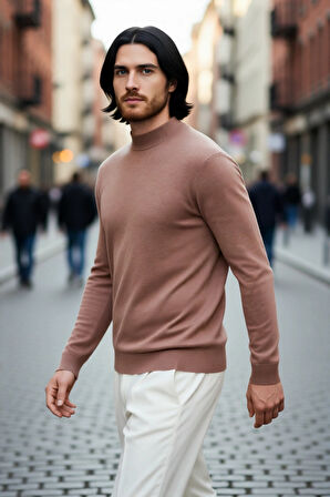 Modern Erkek Triko Kazak Fitted Kesim Dik Yaka Uzun Kollu Rahat Pamuklu Karışım Basic Stil Kış ve