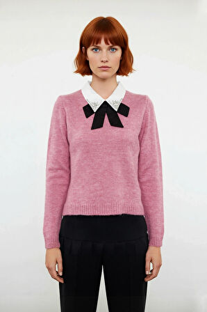 Kadın Gömlek Yaka Görünümlü Nakış Detaylı Triko Kazak Standart Kollu Sonbahar Kış Stili Kaliteli